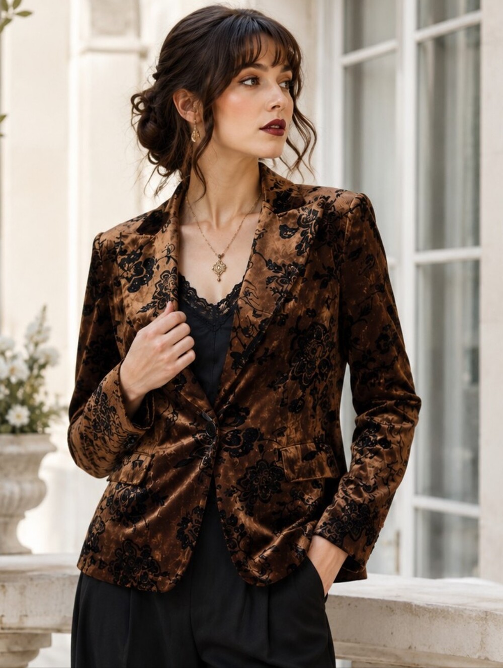 Vintage Dark Academia Velvet Floral Blazer Copper Black Size 10 Whimsigoth
